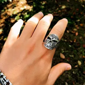 Adjustable Handmade Gothic Sugar Skull Sterling Silver Punk Ring for Men