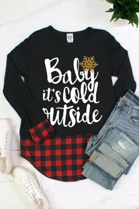 Baby It's Cold Plaid Cuff and Hem Holiday Long Sleeve Shirt