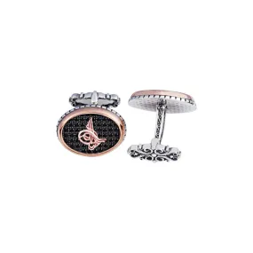 Silver Black Zircon Stone Over Ottoman Tughra Oval Cufflink